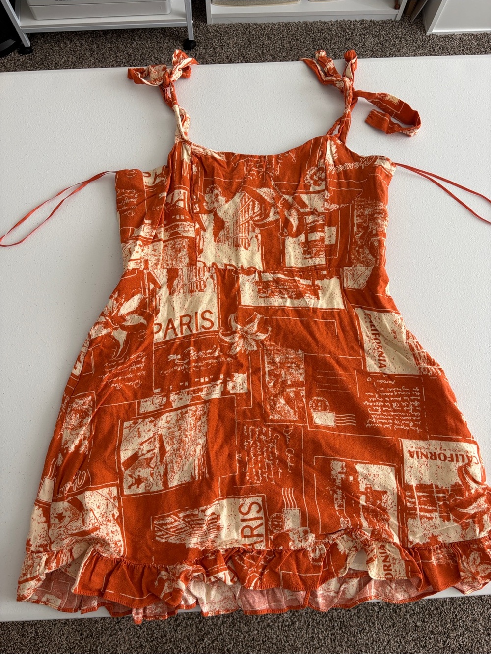 Urban Outfitters Orange Paris Print Tie-Shoulder Sundress